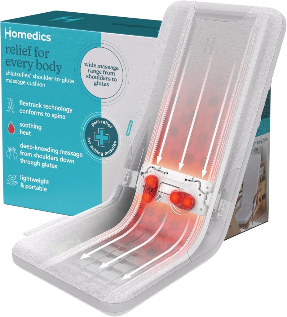 Homedics ShiatsuFlex Massage Cushion, Advanced Shiatsu Therapy, FlexTrack Technology, Deep-Kneading for Pain Relief in Back, Shoulders & Leg Muscles, Soothing Heat, Lightweight & Portable