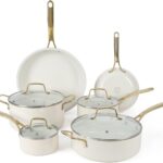 Martha Stewart Lockton Premium Non stick Non Toxic PFA Free Ceramic Interior 10 Piece Heavy Gauge Enamel Aluminum Pots and Pans Cookware Set – Linen White w/Gold Handle