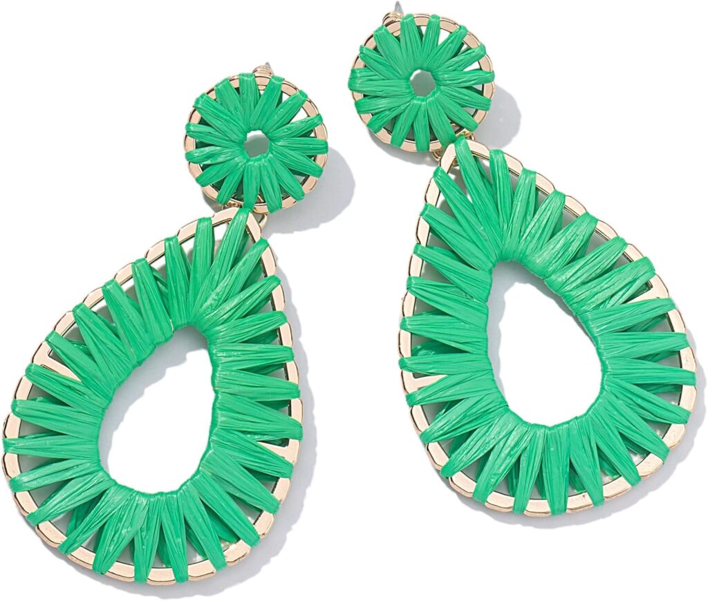 Boho Raffia Earrings Statement Teardrop Earrings Drop Dangle Bohemian Earrings for Women Cute Handmade Earring