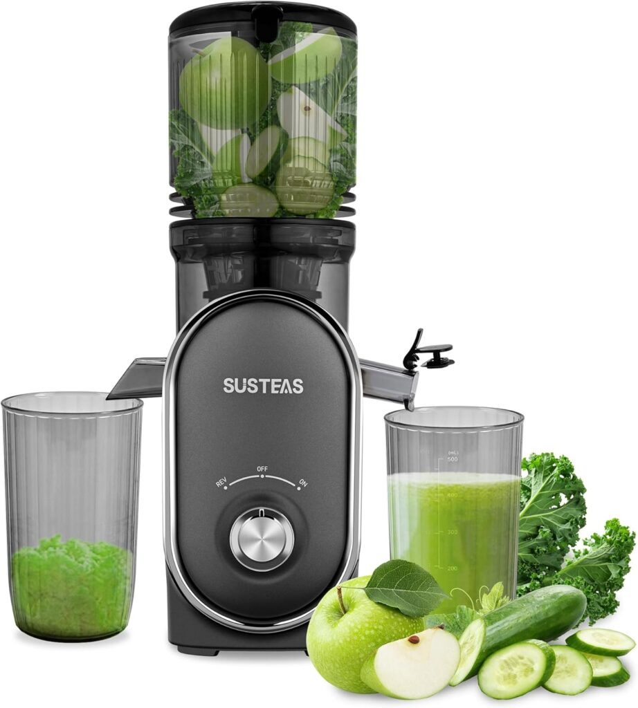SUSTEAS Cold Press Juicer Machines, 5.3″ Feed Chute(50oz Capacity), 300W Slow Masticating Juice Extractor for Whole Fruits and Vegetables, Automatic Feed, High Juice Yield,Easy to Clean, Silver gray