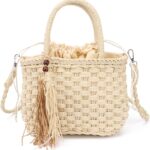 Ynport Straw Handbag Tote for Women Summer Beach Drawstring Rattan Bucket Bag Handmade Woven Hobo Shopping Purse