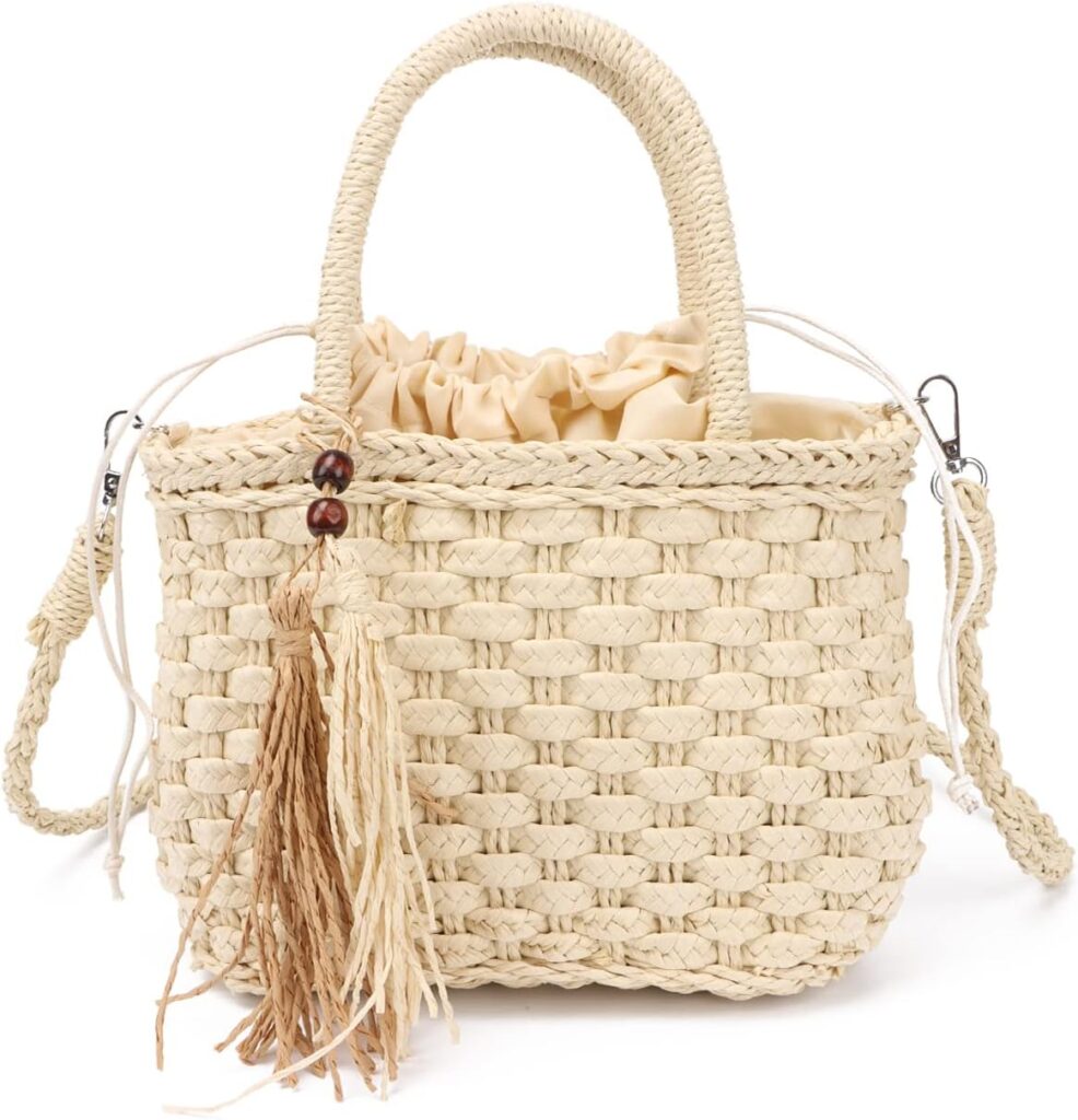 Ynport Straw Handbag Tote for Women Summer Beach Drawstring Rattan Bucket Bag Handmade Woven Hobo Shopping Purse