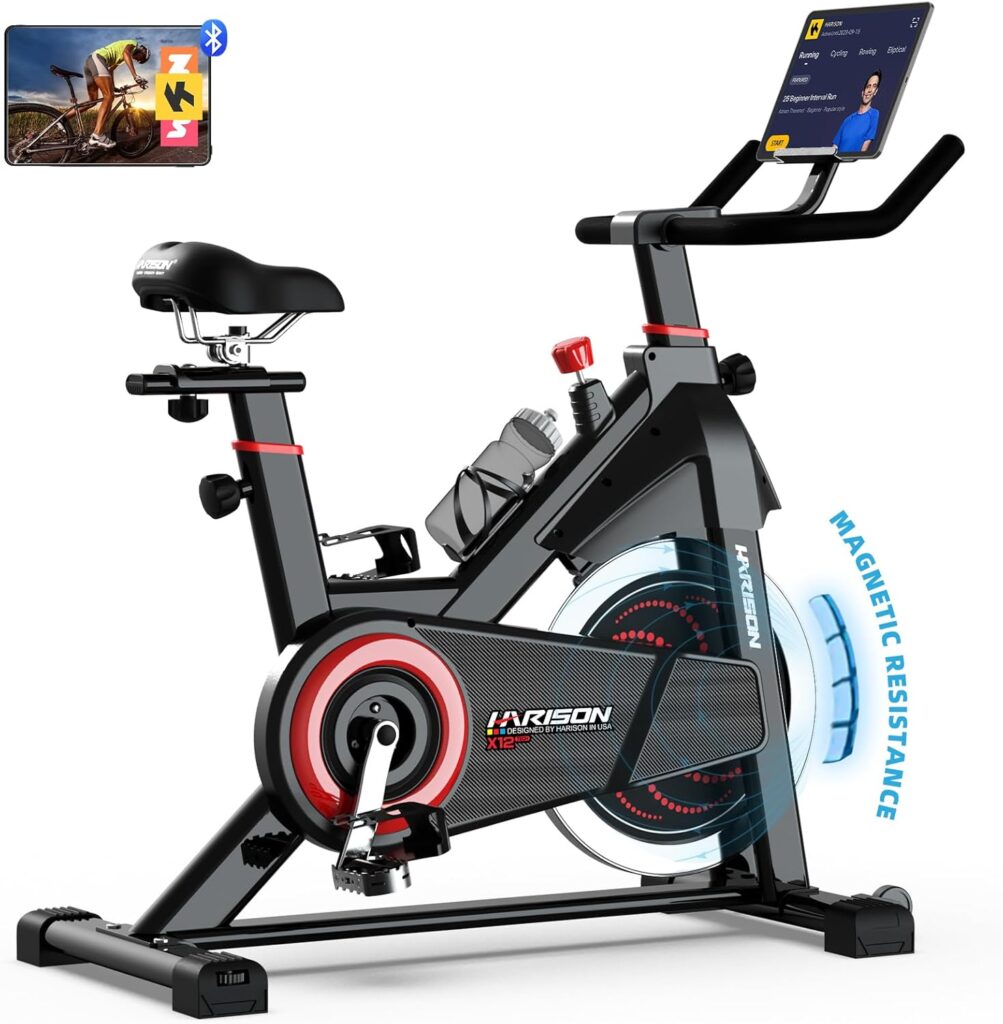 HARISON Exercise Bike, Stationary Bike for Home 350-400 lbs Weight Capacity, Magnetic Workout Bike with Bluetooth App, Brake Pad Indoor Cycling Bike with Tablet Mount & Comfortable Seat Cushion