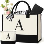Personalized Canvas Tote Bag for Women – Makeup Pouch, Initial Beach Bag for Travel, Birthday, Teacher, Mom, Brides
