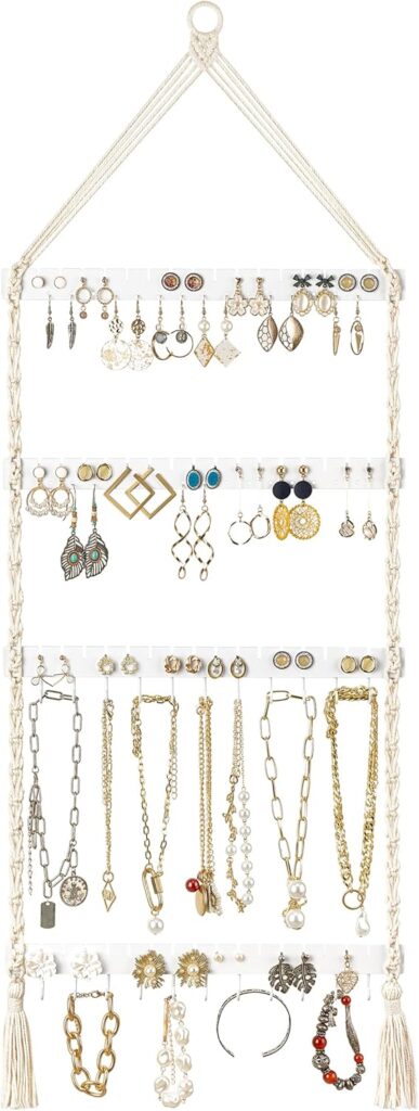 Mkono Hanging Jewelry Organizer Macrame Necklace Holder Wall Mounted Jewelry Hanger Earring Holder Organizer Boho Decor Over Door Jewelry Display Necklace Rack for Necklaces Bracelets Earrings