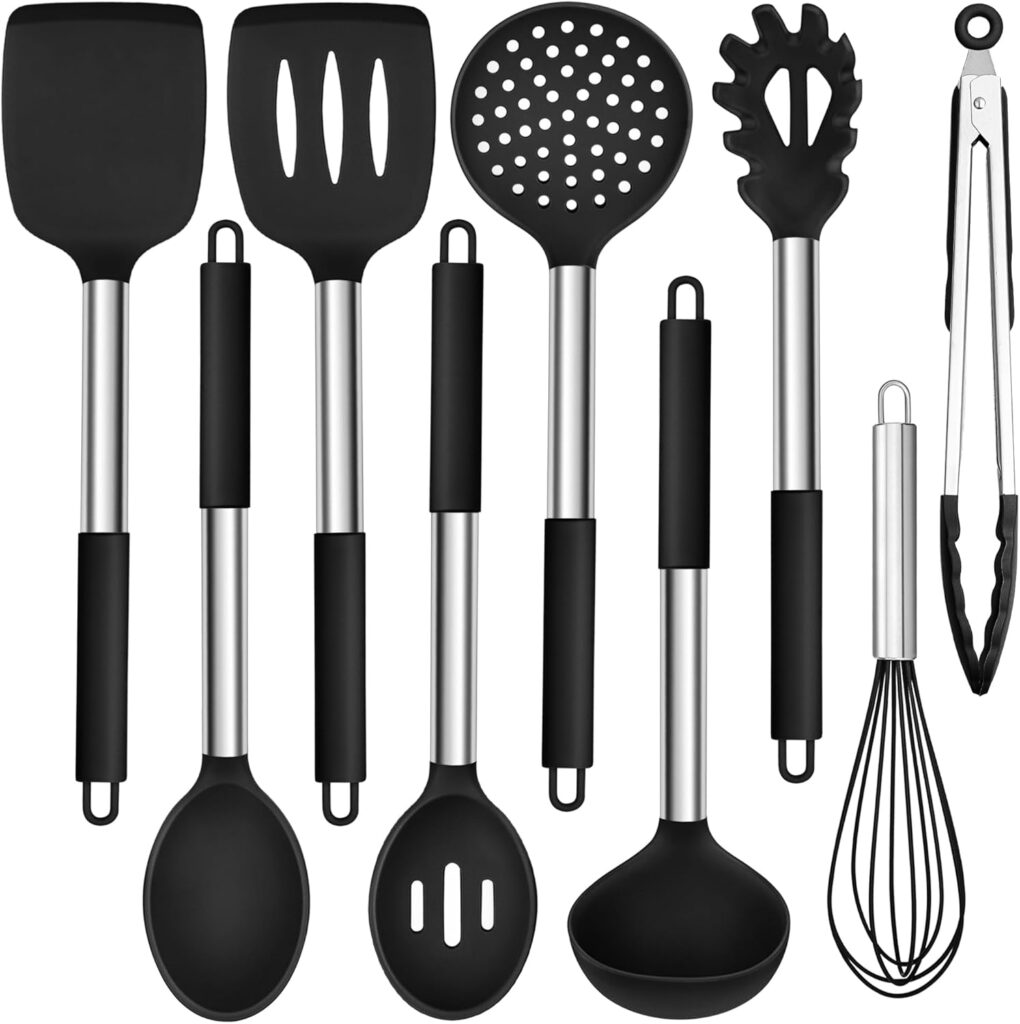 HaWare Silicone Utensils Set, 9-Piece Kitchen Cooking Utensils, Non-stick Heat Resistant Cookware with Stainless Steel Handle, BPA-Free, Dishwasher Safe – Black