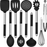 HaWare Silicone Utensils Set, 9-Piece Kitchen Cooking Utensils, Non-stick Heat Resistant Cookware with Stainless Steel Handle, BPA-Free, Dishwasher Safe – Black