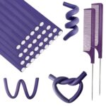 60 Pieces Flexible Curling Rods Twist Foam Flexi Rods No Heat Hair Rods Hair Rollers and Steel Pintail Rat Tail Comb for Long Hair Short Hair Women Girls (9.45 x 0.31, Purple)