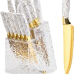 Kitchen Knife Set Non Stick Knives with Block, Serrated Steak Knife, Chef Knife, Bread Knife, Scissors, Sharpener, 14Pcs Stainless Steel Ultra-Sharp Cutlery Block Sets with Titanium Coated Blade