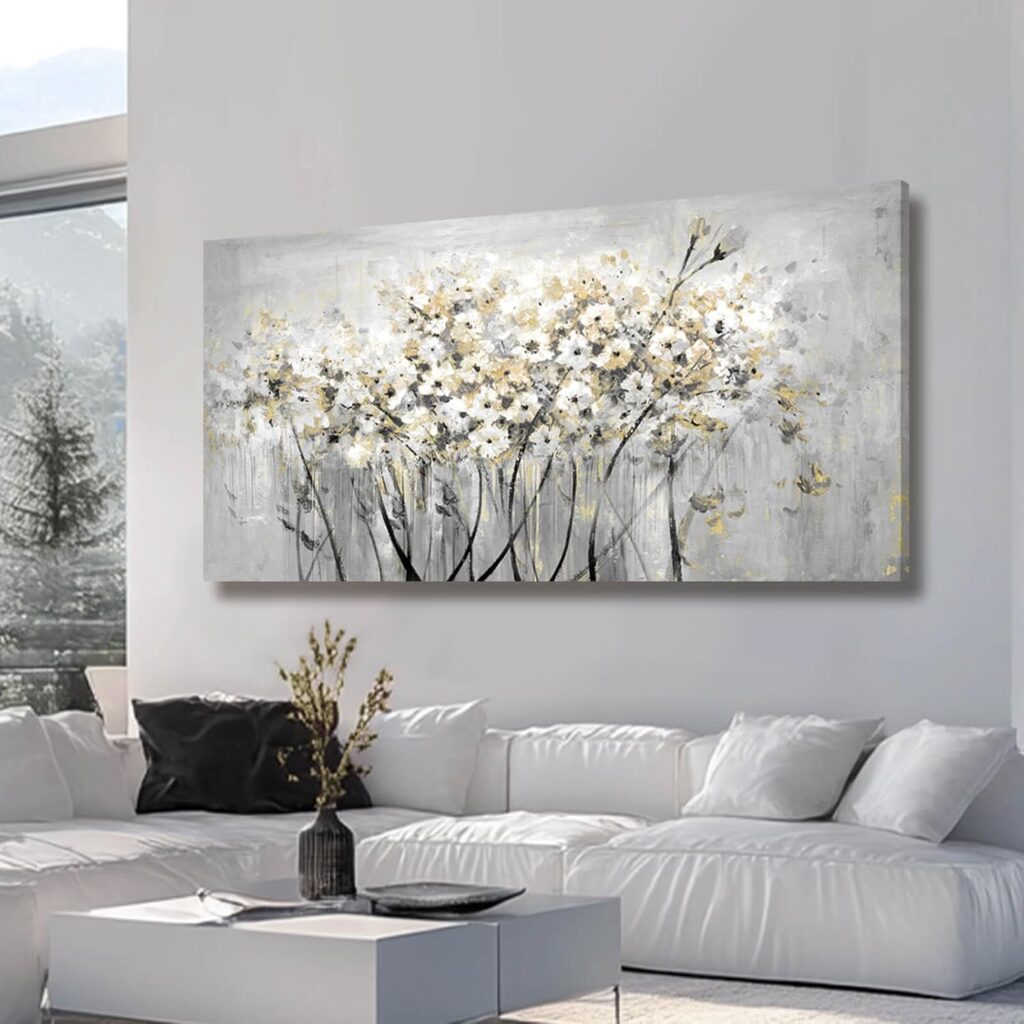 Flowers Canvas Wall Art White Paintings Grey Gold Contemporary Artwork Master Bedroom Wall Decor 29″x 58″ Large Framed Art for Living Room Office Home Decor