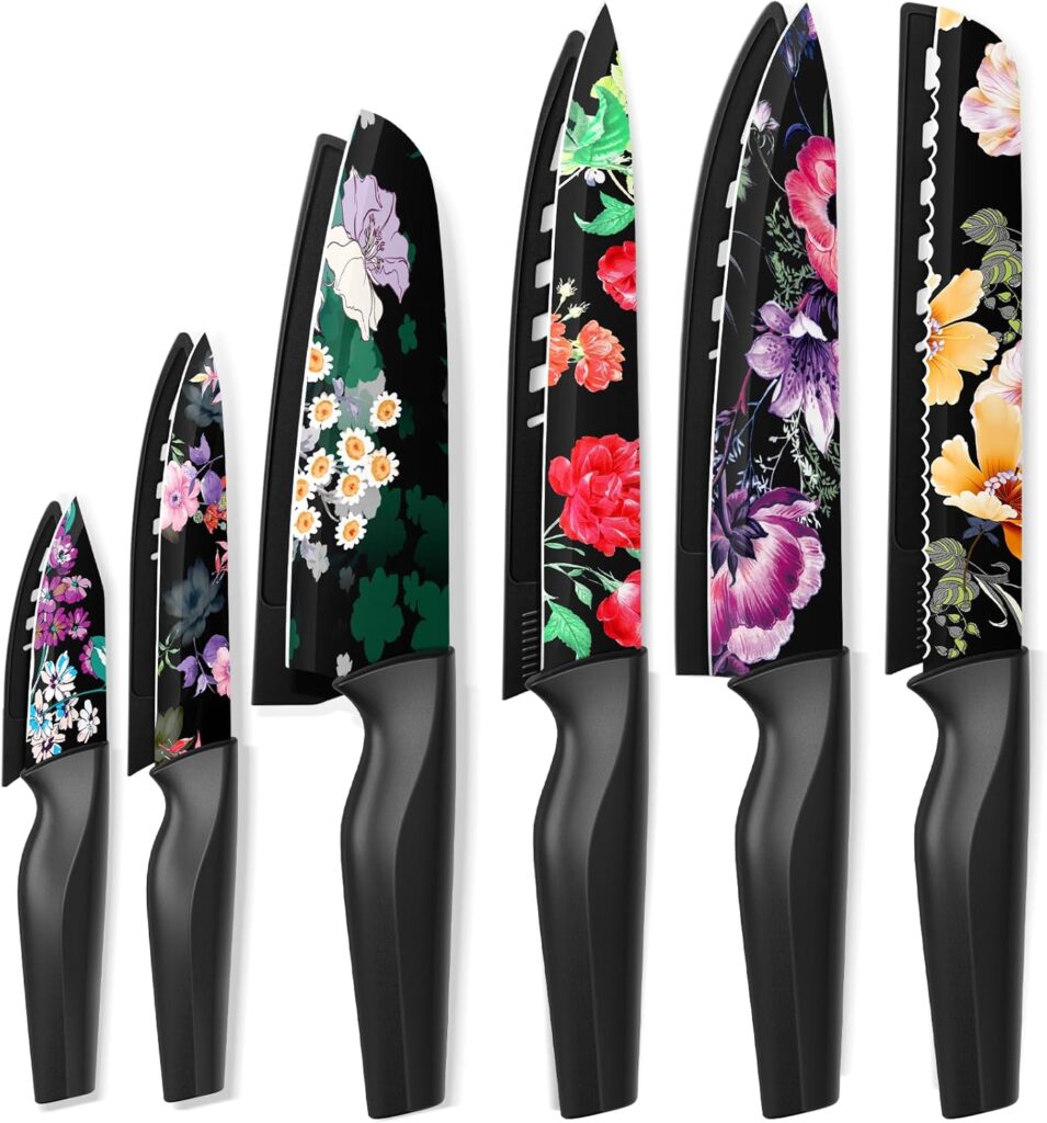 Astercook Knife Set, 12-Piece Flower Kitchen Knives Sets with Blade Guards, Dishwasher Safe, German High Carbon Stainless Steel, Perfect Gifts for Kitchen