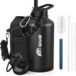 Insulated Water Bottle 64 oz, Triple Wall Vacuum Stainless Steel(Cold for 48 Hrs),Leak Proof & BPA-Free,Half Gallon Water Bottle with Reflective Paracord & Flip Straw for Sports & Travel, Black