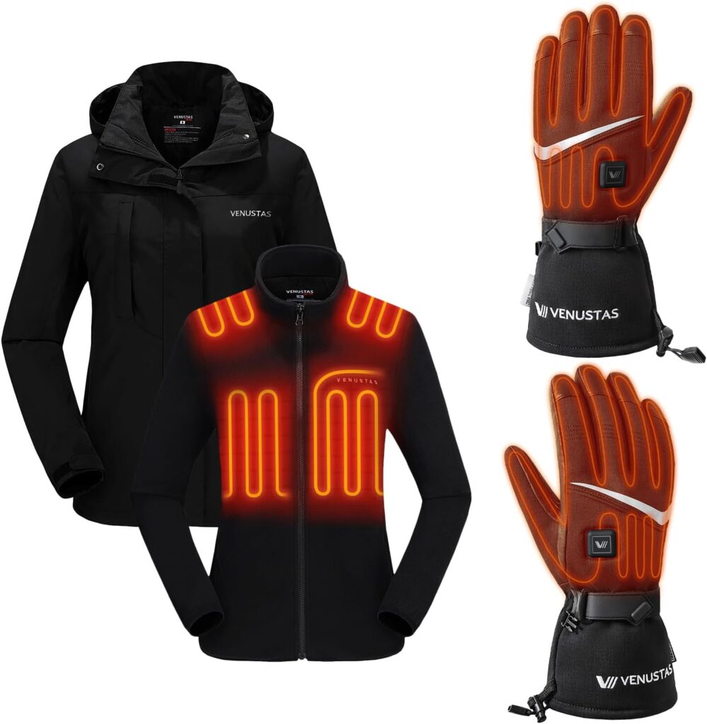 Venustas Women’s Heated Jacket(Black, S) & Heated Gloves(Black, M), 3-in-1 Waterproof Ski Set with Battery