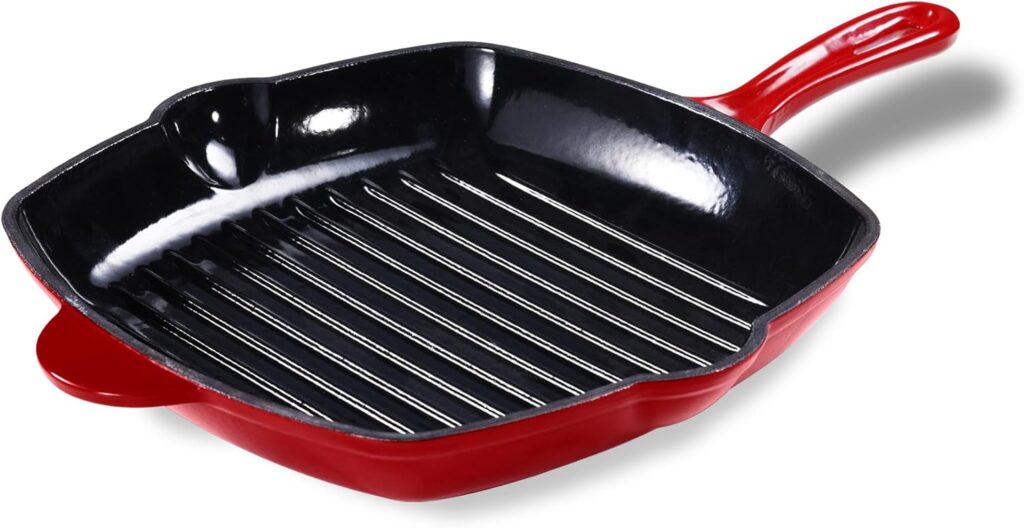 CAROTE 10″ Cast Iron Grill Pan Skillet Frying Pan, Oven, Stovetop, Grill, Campfire & Induction Compatible, Durable, Non-Toxic, Even-Heating Cookware, Red, Square