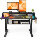 ErGear Standing Desk, 48″ x 24″ Electric Height Adjustable Desk with Storage Shelves, C-Clamp Mount Compatible Gaming Desk, Ergonomic Sit Stand Up Down Computer Table with LED Light for Home, Black