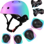 Color Gradient Adjustable Kids’ Helmet with Knee & Elbow Pads Set | Multi-Sport Safety Gear for Boys & Girls Ages 5-14 | Skateboarding, Scooters, Roller & Inline Skating, Longboarding