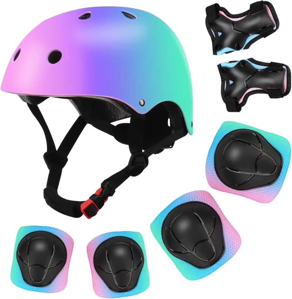 Color Gradient Adjustable Kids’ Helmet with Knee & Elbow Pads Set | Multi-Sport Safety Gear for Boys & Girls Ages 5-14 | Skateboarding, Scooters, Roller & Inline Skating, Longboarding