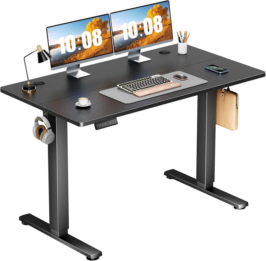 Sweetcrispy Electric Standing Desk Adjustable Height, 48×24 Inch Sit Stand Up Home Office Desks Computer Workstation PC Work Table with 3 Memory Preset Splice Wood Board Metal Frame, Black