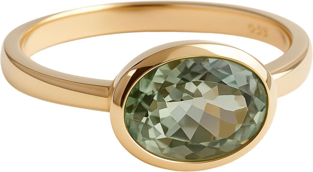 Green Amethyst Oval Cut Bezel Set 925 Gold Plated Sterling Silver Ring – Handmade Gemstone Jewelry Gift Ideas for Women – Birthday Gift – Prasiolite Ring