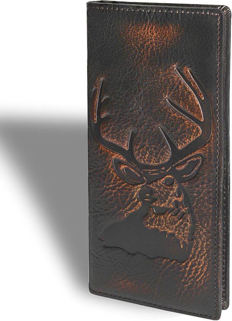 DK86 Deer Long Wallet For Men Full Grain Leather with Hand Burnished Rfid Blocking Rodeo Wallet Bifold Wallet Deer Wallet, Black and Orange