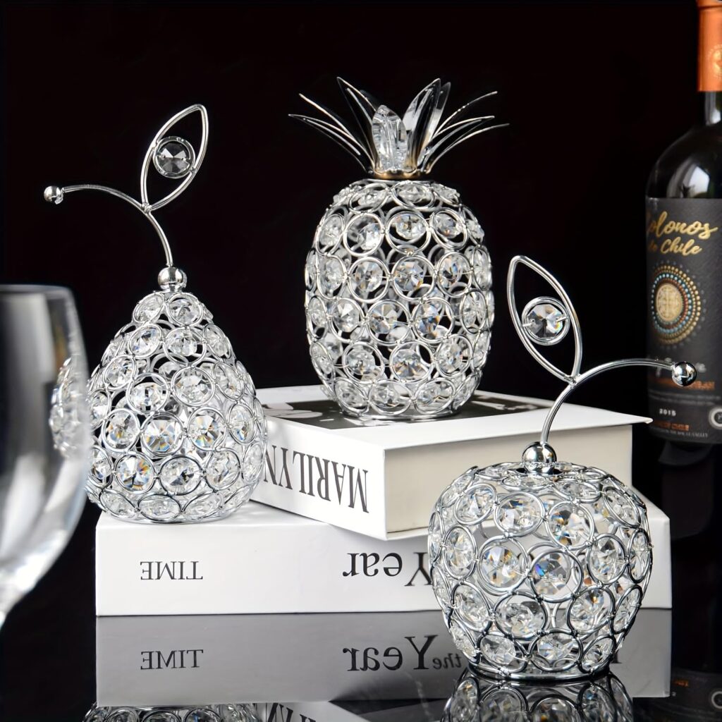 Set of 3 Crystal Metal Pineapple Pear Table Centerpiece Handmade Crystal Candlestick Hollow Fruit Ornament Home Party Wedding Holiday Bar Decoration (Silver, Set of 3)
