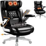 600lbs Big and Tall Office Chair with 3D Kneading Heated Massage,Comfy Heavy Duty Executive Office Desk Chair with 5D Flip Arms for Heavy People,High Back Computer Chair,Metal Base (Classic, Black)