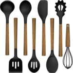 Silicone Cooking Utensil Set, Umite Chef 8-Piece Kitchen Utensils Set with Natural Acacia Wooden Handles,Food-Grade-Silicone Kitchen Gadgets Spatulas Set for Nonstick Cookware- Black