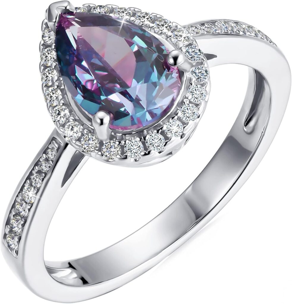 Color Change Alexandrite Ring 925 Sterling Silver June Birthstone Oval Kite Round Pear Shape Halo Cocktail Statement Engagement Ring Vintage Solitaire Three Stone Trilogy Lab Created Alexandrite Rings for Women