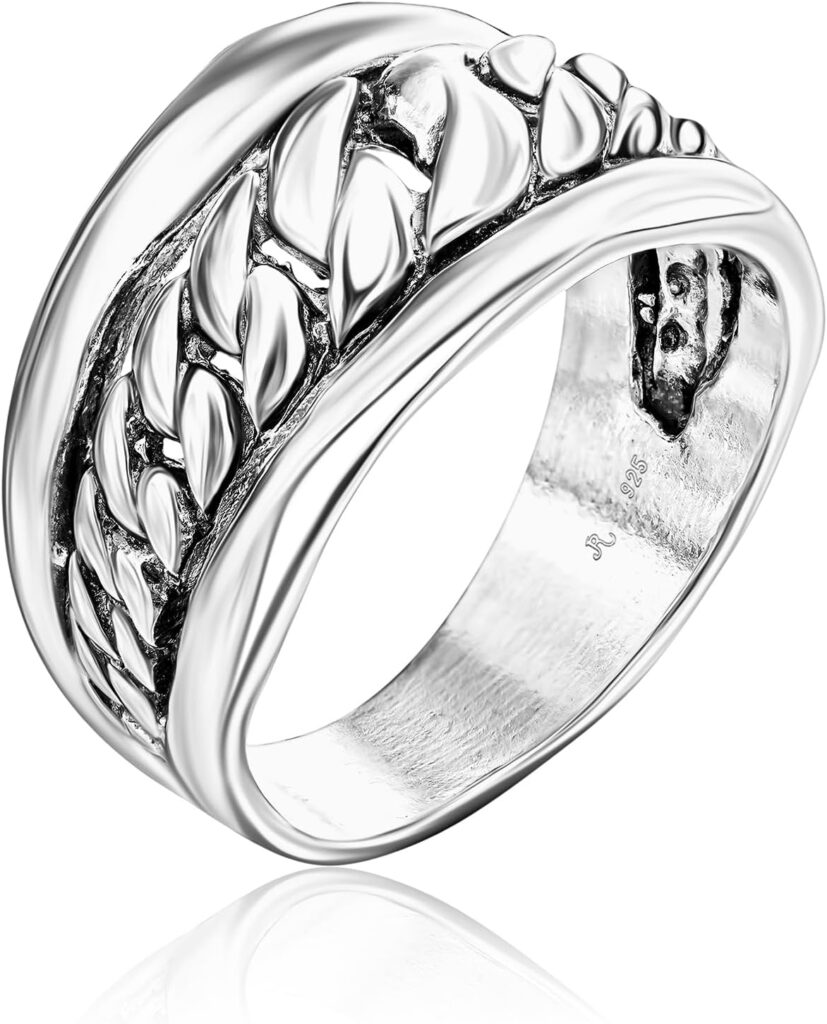 JEAN RACHEL JEWELRY 925 Sterling Silver Ring – Curb Chain Vintage Design – Hypoallergenic, Lead & Nickel Free Jewelry – Artisan Handcrafted Statement Rings for Women