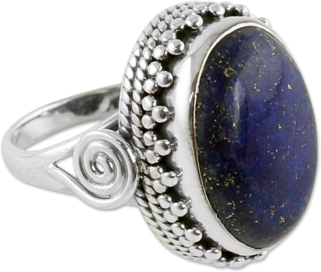 NOVICA Artisan Handmade Lapis Lazuli Cocktail Ring Sterling Silver Blue Single Stone India Royal Classic Reflecting Pond Snorkel Birthstone [crownbezel 0.8 in L x 0.6 in W x 0.4 in H Band Width 3 ]
