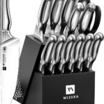 WIZEKA Kitchen Knife Set with Block: 15PCS German Stainless Steel Knife Block Set,One-Piece Design Knives Set for Kitchen, Professional Knife Set with Built-in Sharpener,Starry Sky Series