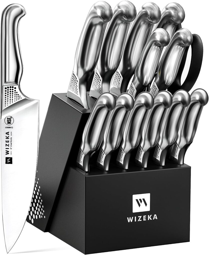 WIZEKA Kitchen Knife Set with Block: 15PCS German Stainless Steel Knife Block Set,One-Piece Design Knives Set for Kitchen, Professional Knife Set with Built-in Sharpener,Starry Sky Series