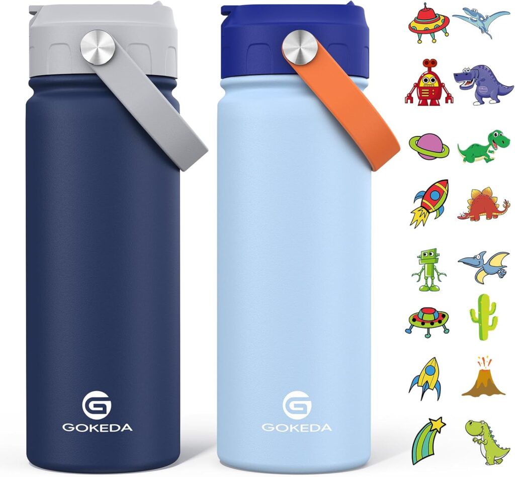 GoKEDA 18oz Kids Water Bottle, 2 Pack Insulated Bottles with Stickers, 18/8 Stainless Steel Vacuum Leak Proof Straw Cup for School, Gifts for Boys(Light Blue, Dark Blue)