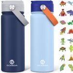 GoKEDA 18oz Kids Water Bottle, 2 Pack Insulated Bottles with Stickers, 18/8 Stainless Steel Vacuum Leak Proof Straw Cup for School, Gifts for Boys(Light Blue, Dark Blue)