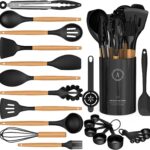 Silicone Cooking Utensils Set – Silicone Kitchen Utensils for Cooking Wooden Handles, 446°F Heat Resistant Kitchen Utensil Spatula Sets w Holder, Gadgets for Non-Stick Cookware BPA FREE (Black)