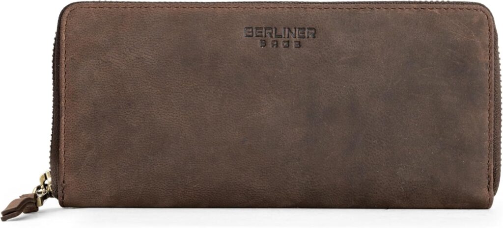 BERLINER BAGS Vintage Genuine Leather Wallet Palma, RFID Blocking Credit Card Holder, Slim Womens Wallet, Zip Around Wallet for 14 Cards, Bills, Coins, ID Window – Brown