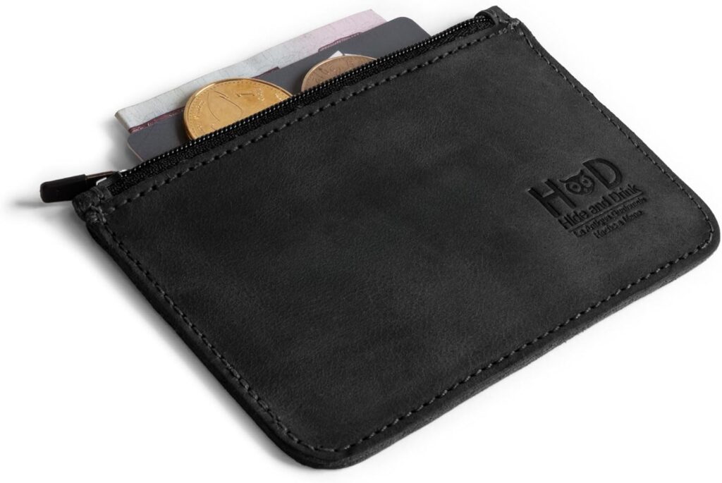 Hide & Drink, Zippered Wallet, Card Case, Folded Bills Storage, Coin Organizer, Travel Accessories, Full Grain Leather, Handmade, Charcoal Black