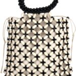 YYW Unique Handmade Wooden Bead Tote Bag for Women, Small Handwoven Clutch Purses Woven Bucket Handbag and Drawstring Handbag