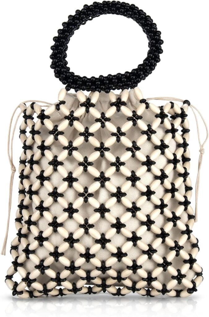 YYW Unique Handmade Wooden Bead Tote Bag for Women, Small Handwoven Clutch Purses Woven Bucket Handbag and Drawstring Handbag