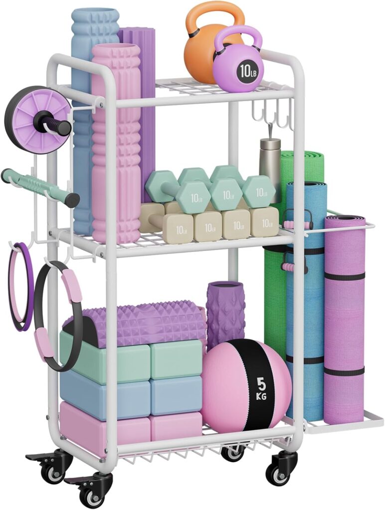 Weight Rack for Home Gym, All in One Yoga Mat Storage Rack, Workout Equipment Storage with Wheels and Hooks for Dumbbells Kettlebells Foam Rollers, Powder Coated