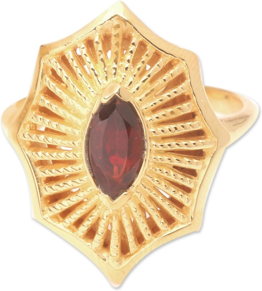 NOVICA Artisan Handmade 18k Gold Plated Garnet Cocktail Ring Silver Indonesia Gemstone Birthstone ‘Web Magic’