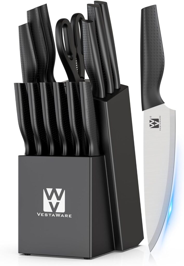 Knife Set, Vestaware 14 Pcs Kitchen Knife Set with Block, Practical One-Piece Knife Block Set Saving Space, Ultra Sharp Stainless Steel Knives Set Ergonomic Anti-slip Handle, New Home Essentials