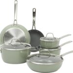 Sur La Table Kitchen Essentials Cool Commune Hard Anodized 10 Piece PFA Free Ceramic Non stick Interior Forged Durable Aluminum Pots and Pans Cookware Set – Green – Induction Compatible