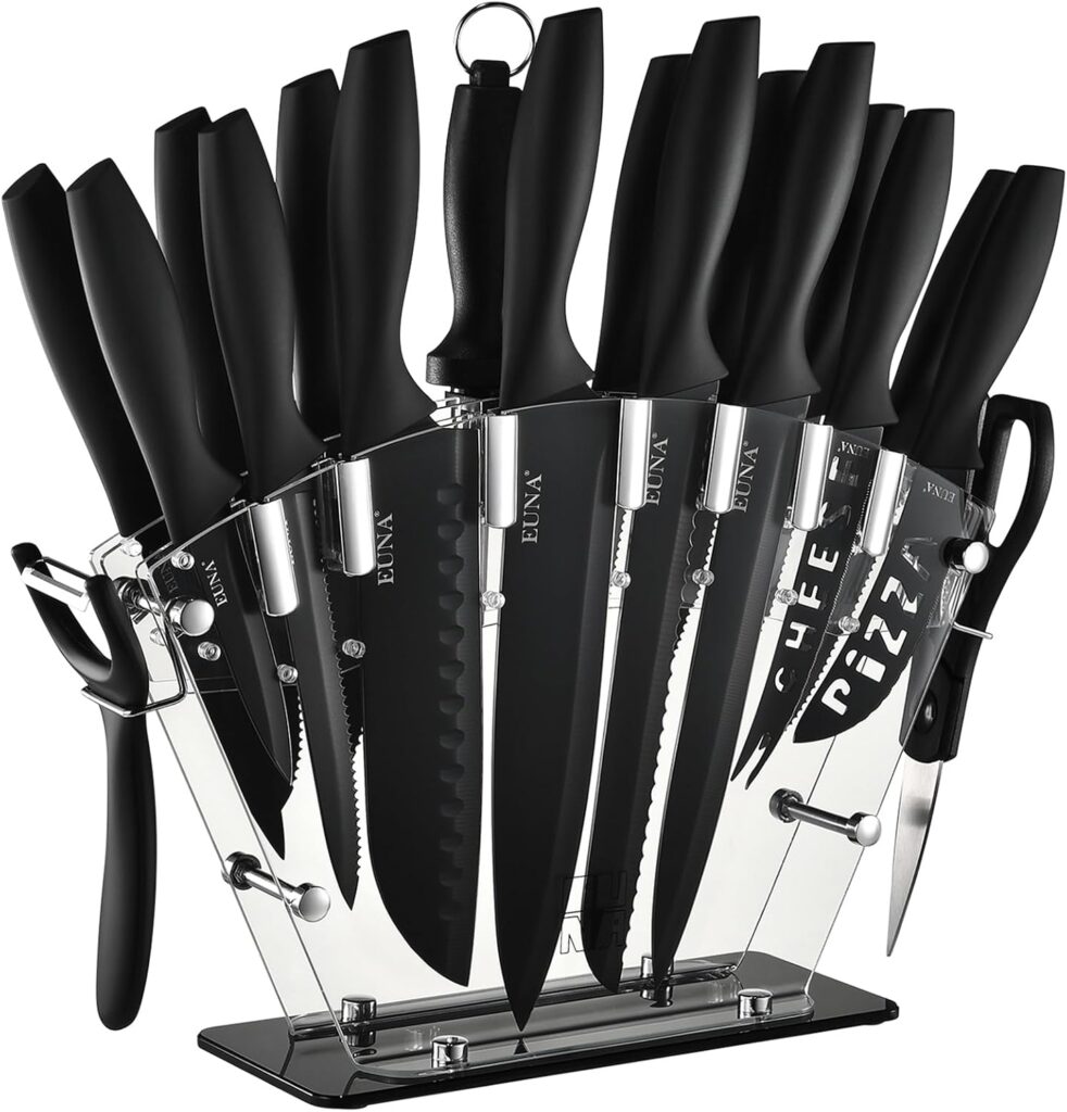 EUNA Kitchen Knife Set, 19 PCS Black Knife Set with Acrylic Block and Sharpener, German High-Carbon Stainless Steel Knife Sets with 6 Serrated Steak Knives, Bread Knife, Chef Knife, Dishwasher Safe