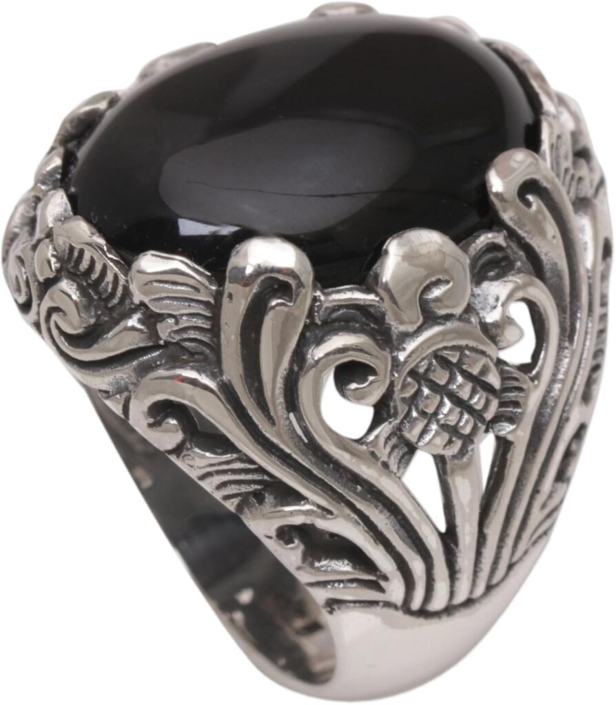 NOVICA Artisan Handmade Onyx Cocktail Ring Crafted Floral .925 Sterling Silver Black Red Indonesia Birthstone ‘Night Bloom’