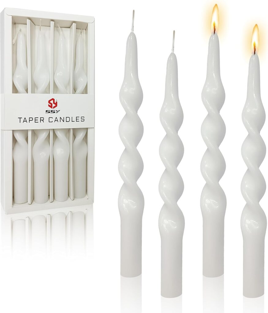 Handmade Spiral Taper Candles – Unscented Long Candles Colored Wax Twisted Candle – 10 Inch Candle Sticks for Wedding Dinner Party Decoration – Set of 4(White)