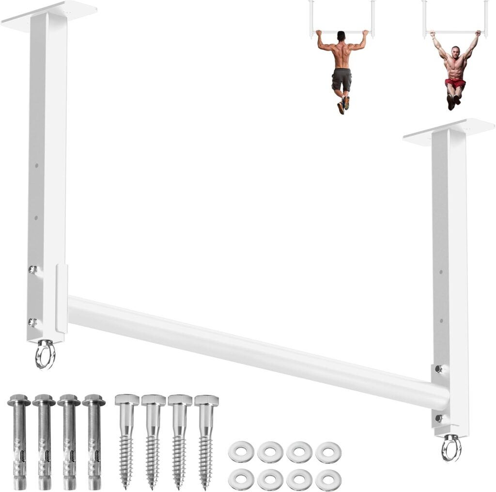 Ceiling Mounted Pull Up Bar, Heavy Duty 700 LBS Multi Grip Pull Up Bars, 16″/24″ Rafter Chin Up Bar, Ceiling Joist for Garage/Gym/Basement with Comfortable Grip & Round Anchors, Easy to Install,White