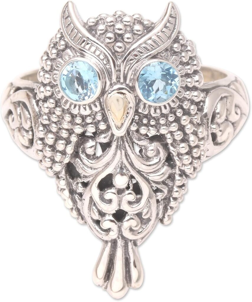 NOVICA Artisan Handmade 18k Gold Accented Blue Topaz Cocktail Ring .925 Sterling Silver Indonesia Animal Themed Birthstone Gemstone Owlbird ‘Brilliant Owl’