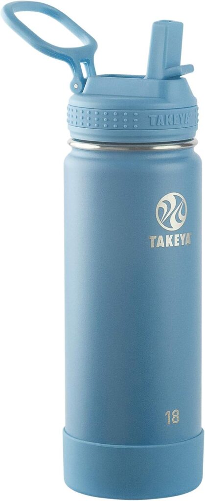 Takeya Actives Water Bottle with Straw Lid – Durable & Easy-Care Water Bottle with Stainless Steel Insulation – BPA-Free Lid with Carry Handle & Straw – Dishwasher-Safe – 18 oz, Bluestone