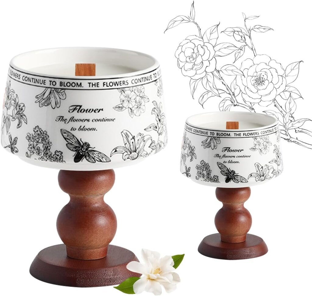 Handmade Soy Scented Candle Set of 2 -Vintage Ceramic Jar with Natural Wood Base, Fresh Camellia Fragrance, Aromatherapy Candles for Bedroom, Home Decor,Spa & Housewarming Gifts(Black 5Oz,Non-Toxic)